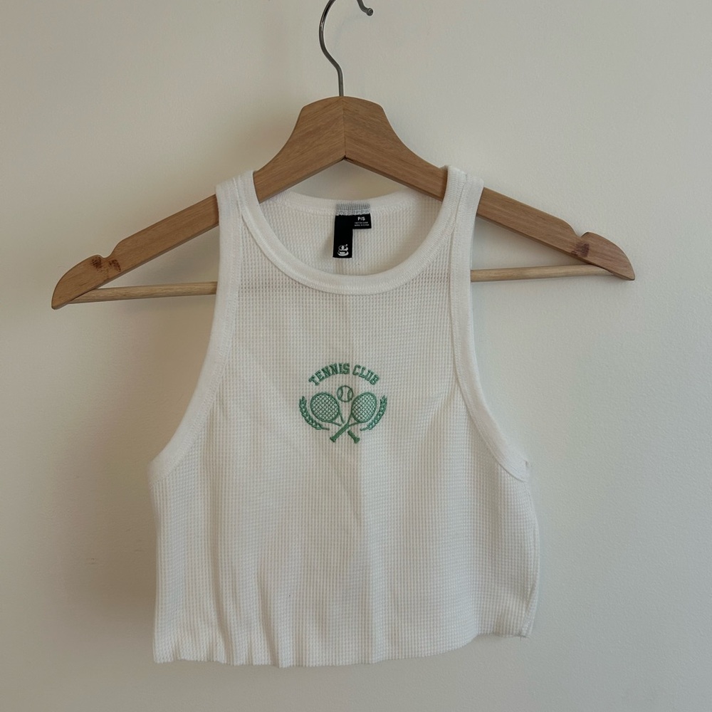 Garage White Waffle Knit Tank with Green Tennis Club Logo